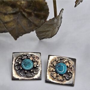 "5/$25" Vintage Pewter Blue Square Clip On Earrings